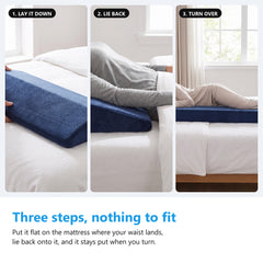 Three steps to use the wedge cushion, laying it flat on the mattress, lying back onto it and turning over with it still in place