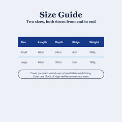 Size guide table for the wedge cushion, small at 60 by 24cm and 4cm at the ridge weighing 500g, large at 60 by 30cm and 5cm at the ridge weighing 700g
