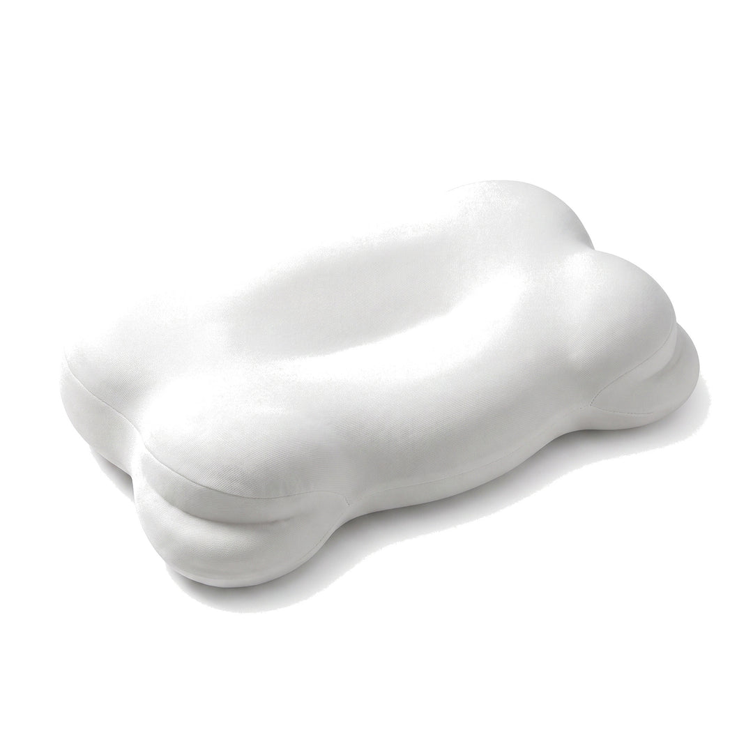 Contoured white memory foam pillow with a lower centre channel and a raised wing at each end