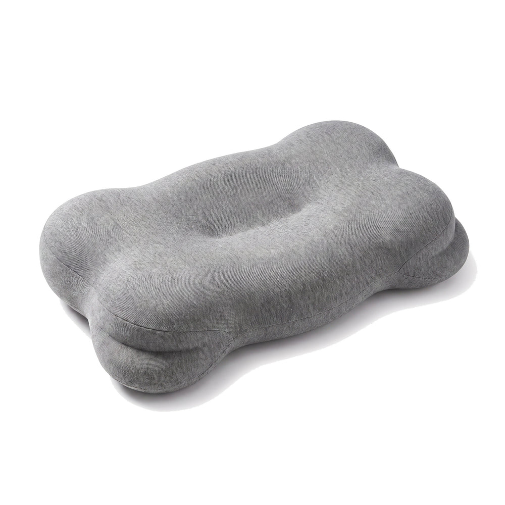 Contoured memory foam pillow in grey, the same shape, lower centre channel and raised end wings