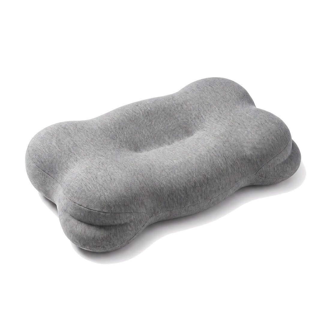Contoured memory foam pillow in grey, the same shape, lower centre channel and raised end wings