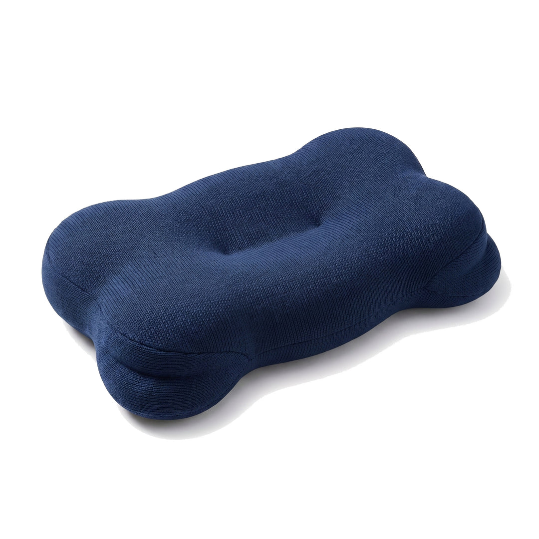 Contoured memory foam pillow in navy blue, the same shape, lower centre channel and raised end wings