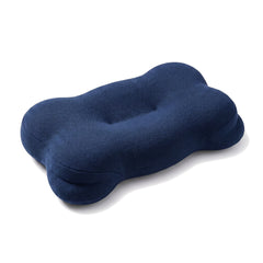 Contoured memory foam pillow in navy blue, the same shape, lower centre channel and raised end wings