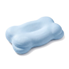 Contoured memory foam pillow in blue, the same shape, lower centre channel and raised end wings