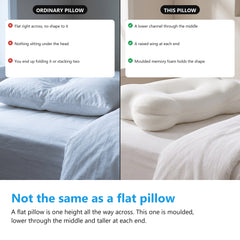 A flat pillow next to the contoured memory foam pillow, one is the same height across and the other is moulded