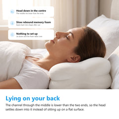 Woman asleep on her back with her head resting in the centre channel of the contoured memory foam pillow