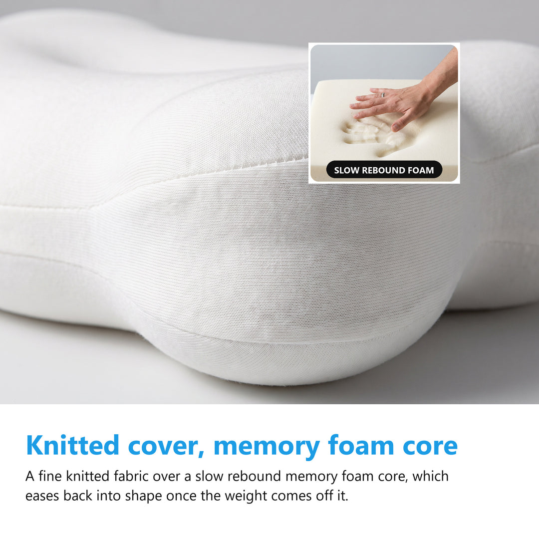 Close view of the knitted cover over the moulded edge of the pillow, with a hand pressing into the memory foam