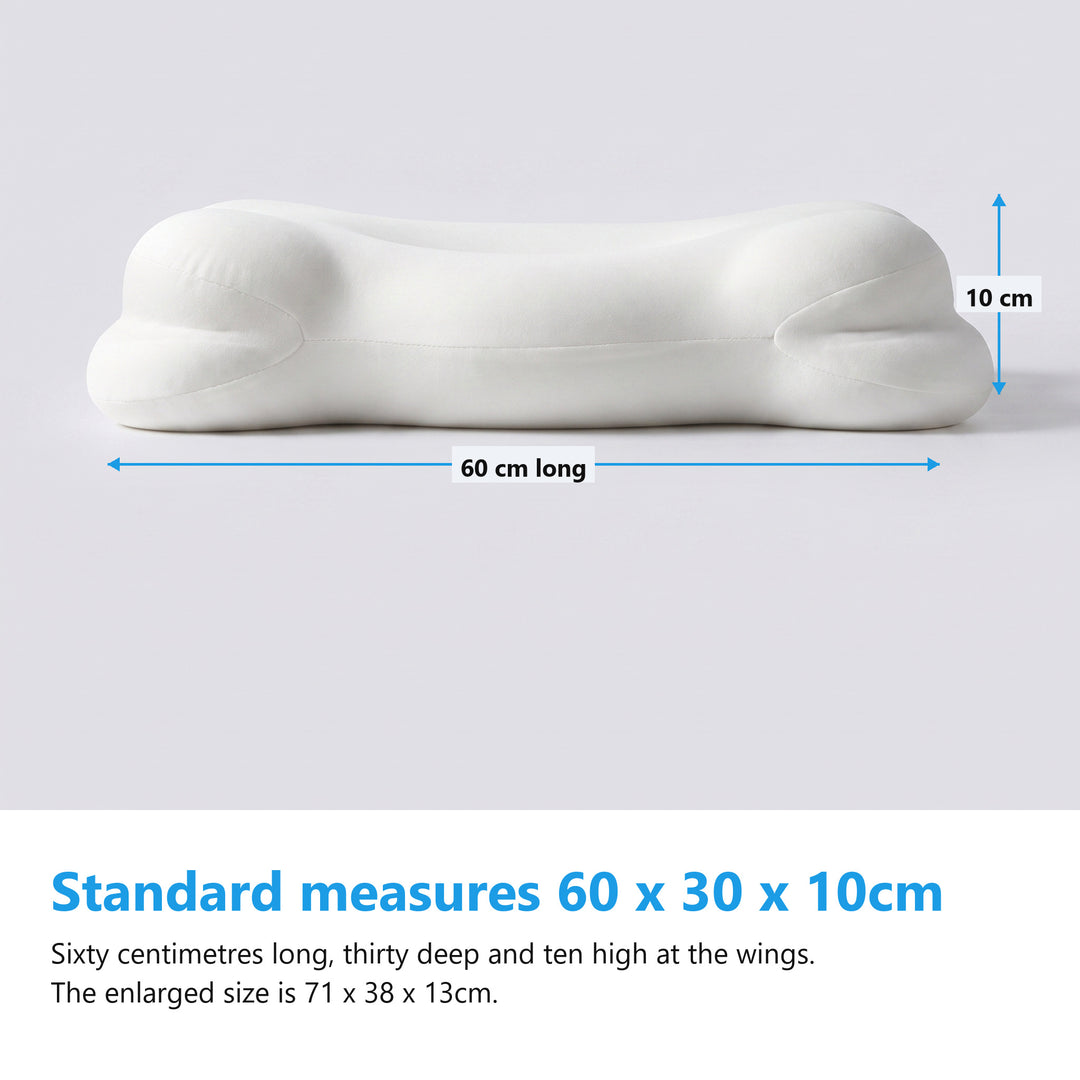 Side view of the memory foam pillow measured at 60cm long and 10cm high