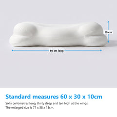 Side view of the memory foam pillow measured at 60cm long and 10cm high