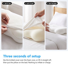Zipping the knitted cover onto the memory foam pillow, lifting it off and setting the pillow on the bed