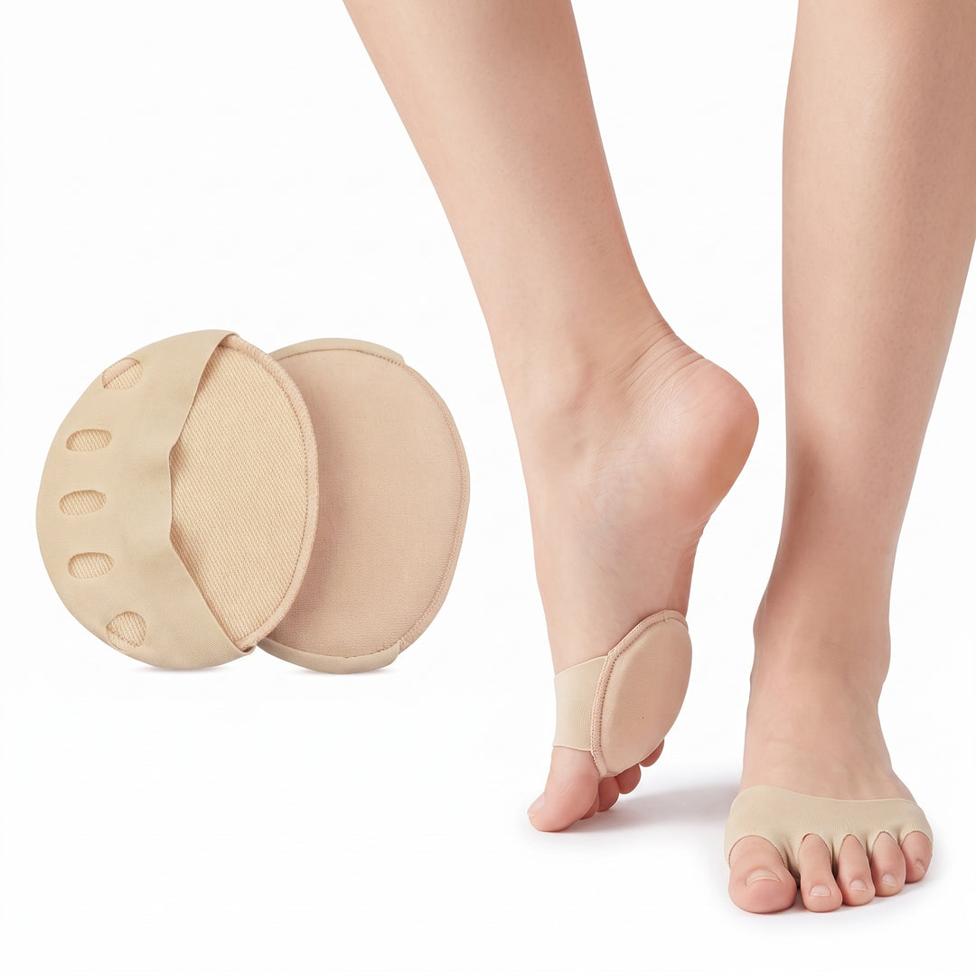 Bare foot wearing a nude forefoot metatarsal pad with the cushion under the ball of the foot and all five toes through the toe holes, shown beside the pair of pads