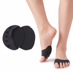 Black forefoot metatarsal pads worn on the ball of the foot with all five toes through the five oval toe holes, shown beside the pair of pads