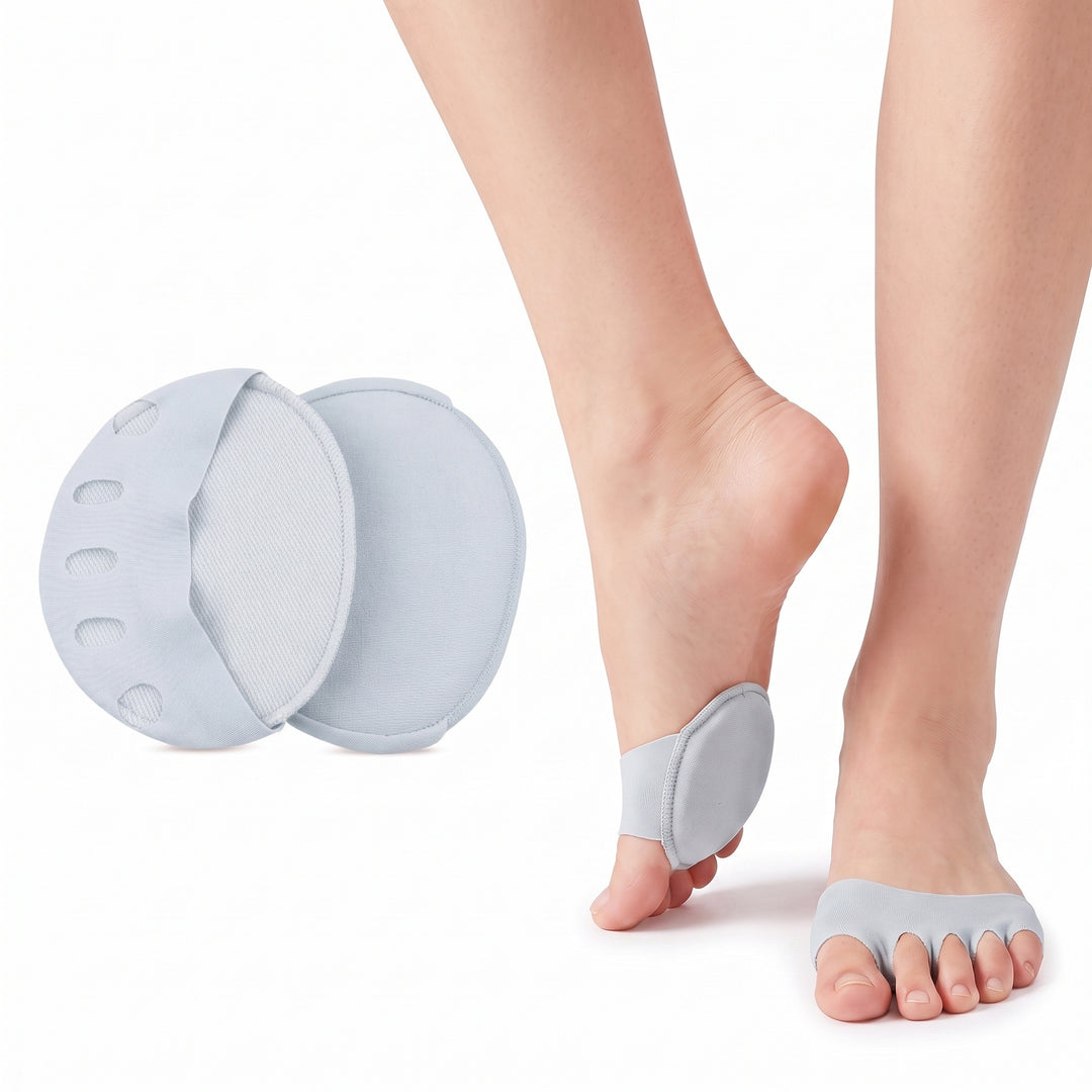Grey forefoot metatarsal pads worn on the ball of the foot with all five toes through the five oval toe holes, shown beside the pair of pads