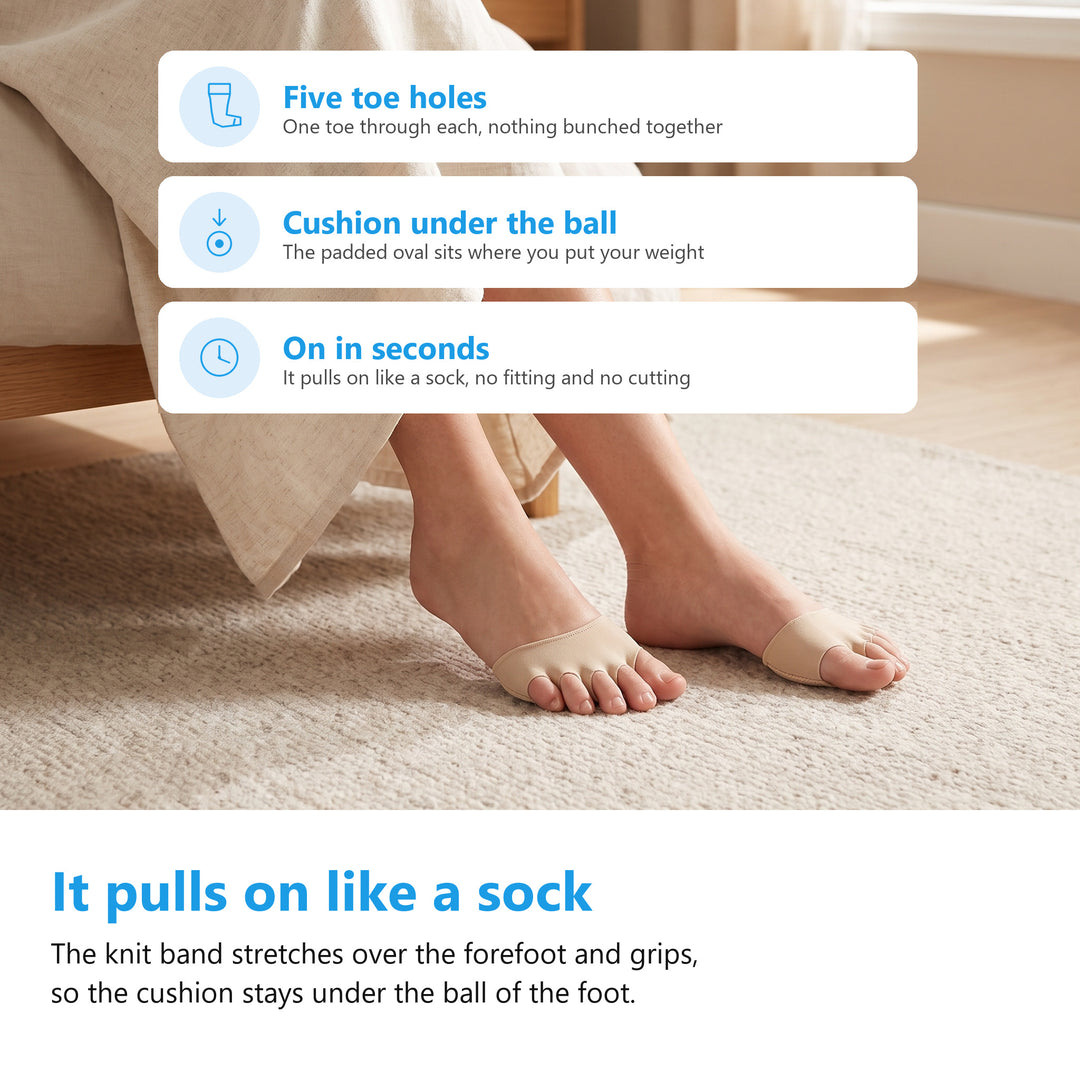 Bare feet on a wool rug wearing nude forefoot metatarsal pads with all five toes through the toe holes