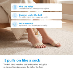 Bare feet on a wool rug wearing nude forefoot metatarsal pads with all five toes through the toe holes