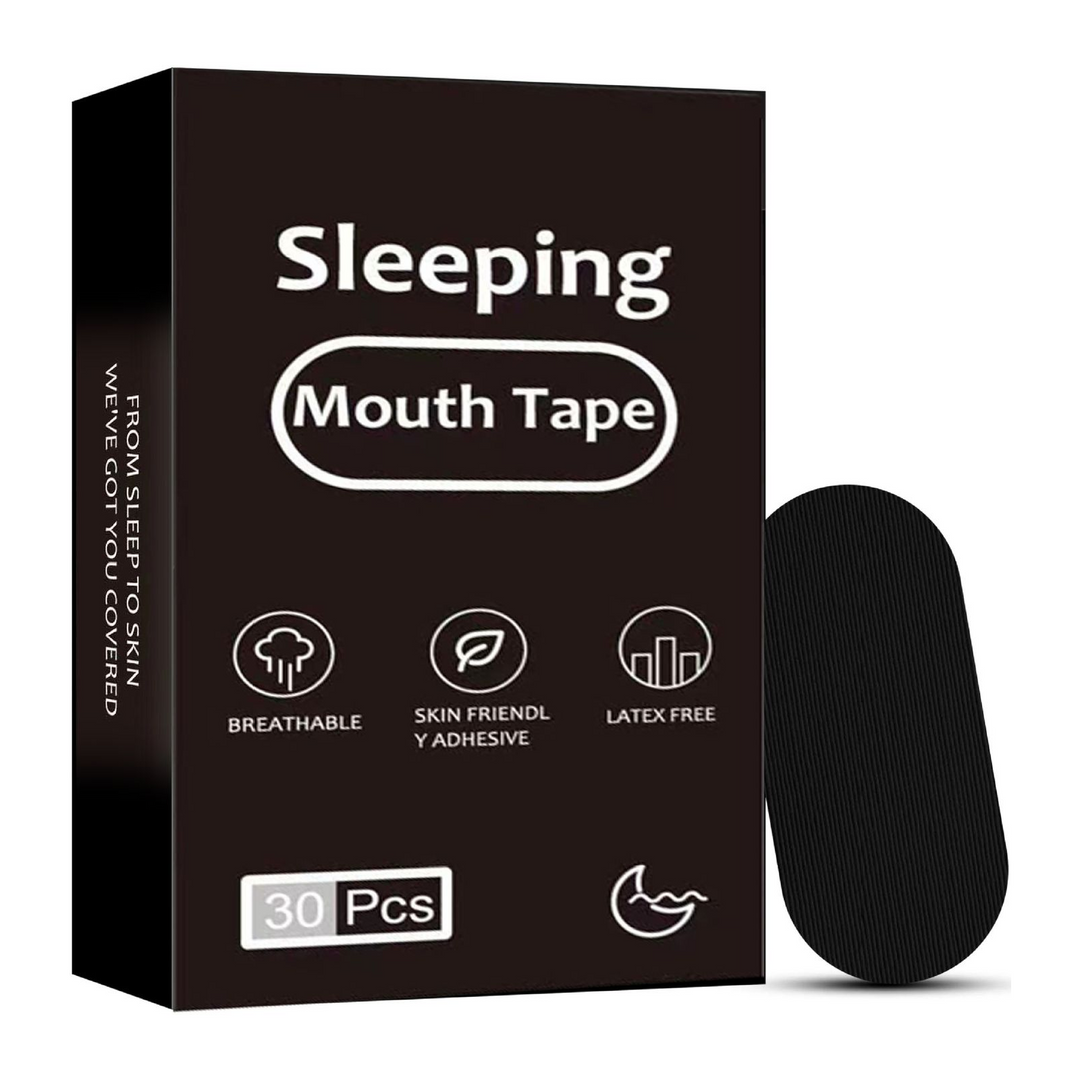 Box of 30 black sleep mouth tape strips with one strip beside it
