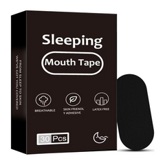 Box of 30 black sleep mouth tape strips with one strip beside it