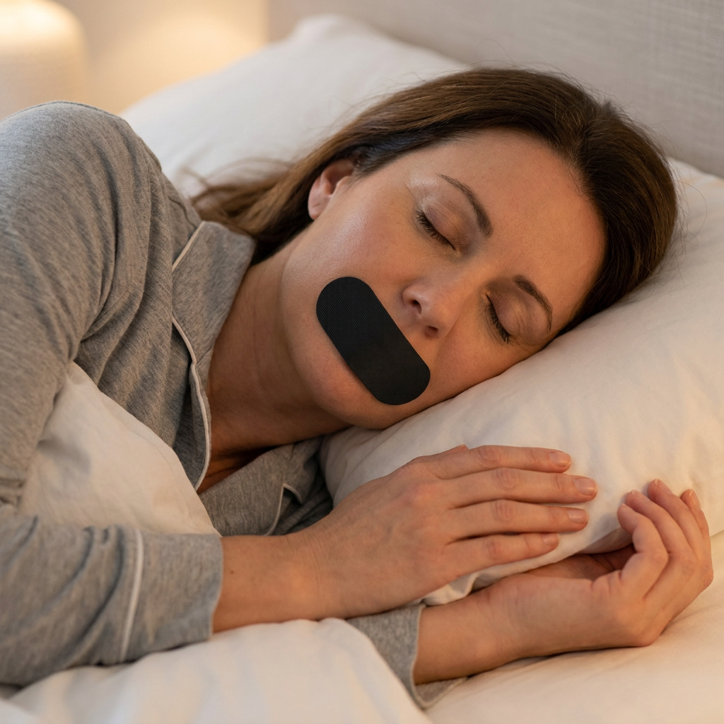 One black mouth tape strip in place across the lips during the night