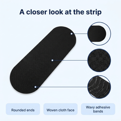 Close up of the rounded ends, woven cloth face and adhesive bands of the strip