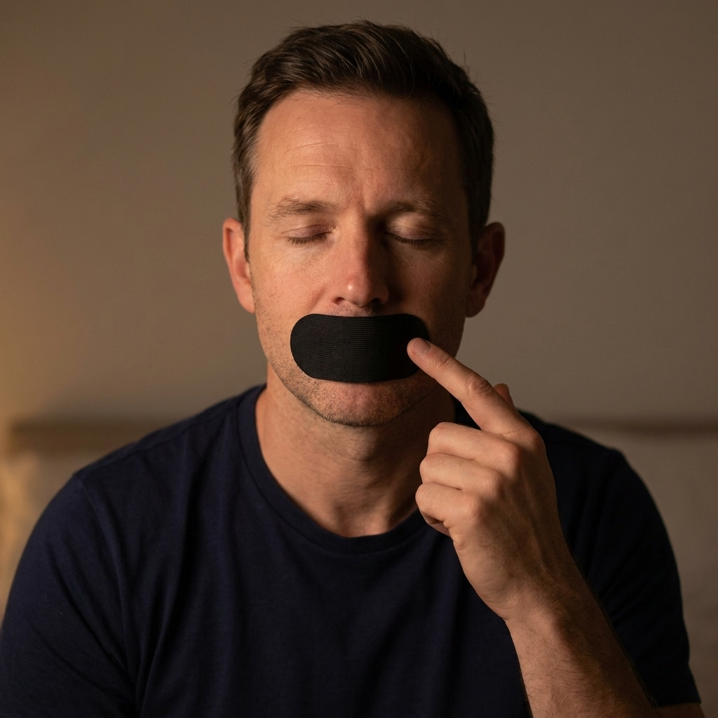Placing a black mouth tape strip across the lips before bed