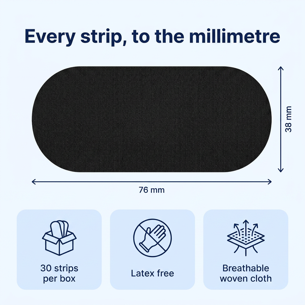 Mouth tape strip measured at 76 mm across and 38 mm from top to bottom