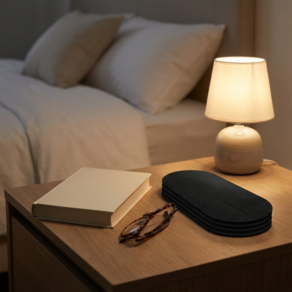 Black mouth tape strips resting on a bedside table beside a lamp
