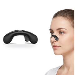 Silicone nasal dilator band shown beside a woman wearing it on the outside of her nose