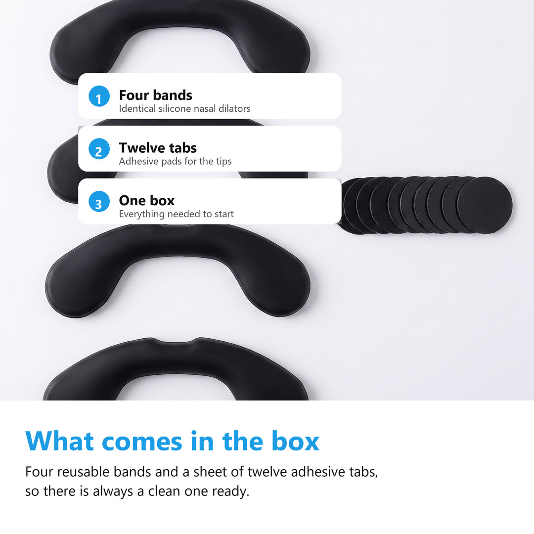 Nasal dilator starter kit contents, four bands and twelve adhesive tabs