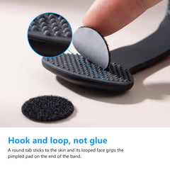 Round adhesive tab lifted away from the pimpled grip pad on the end of the silicone nasal band