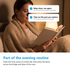 Nasal dilator band worn while reading in bed in the evening