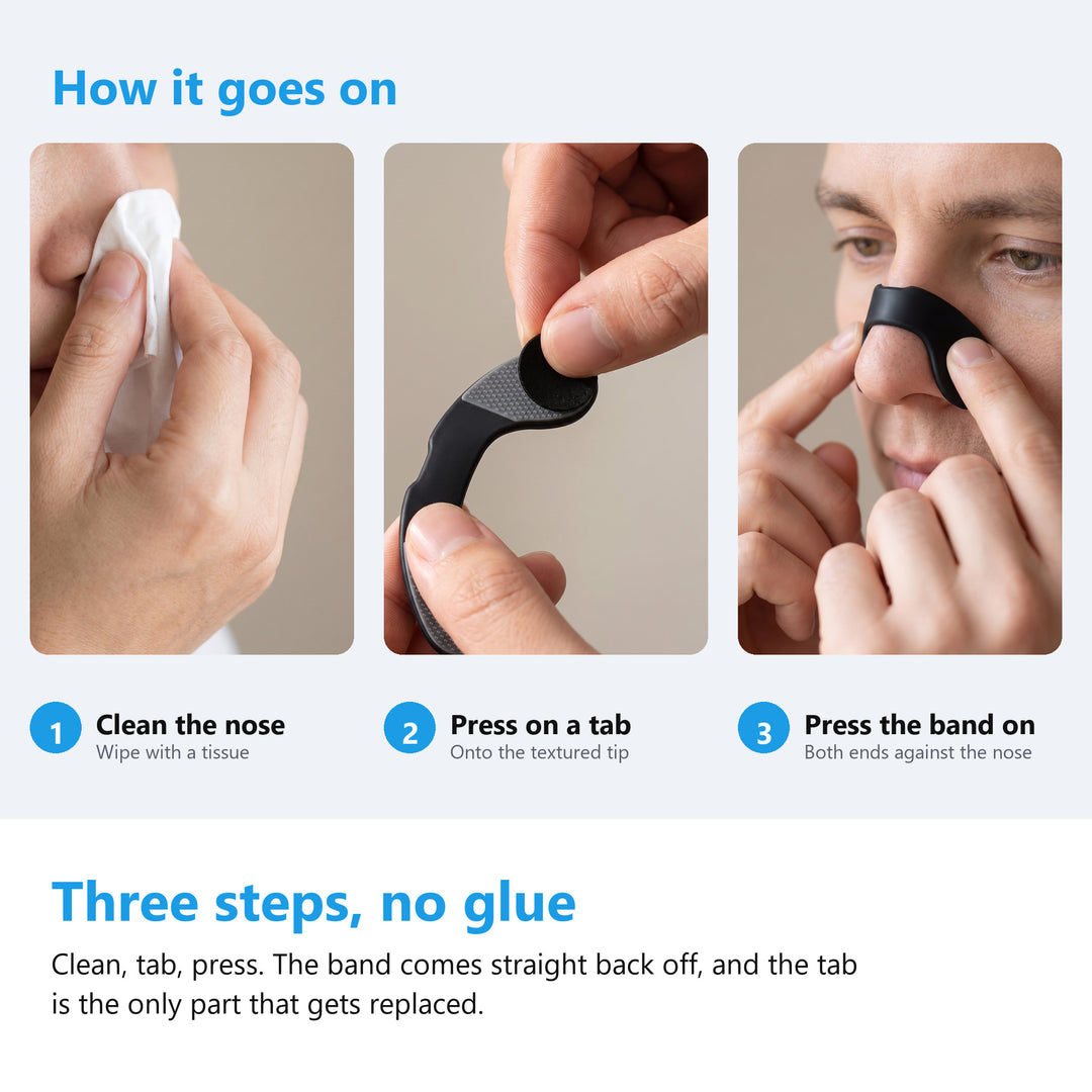How to fit the nasal dilator band, cleaning the nose, adding a tab and pressing it on
