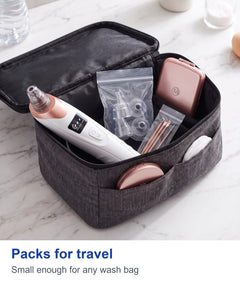 Packs for travel: the pore vacuum device and heads pouch in an open wash bag, display showing the real oiliness neutral dryness reading