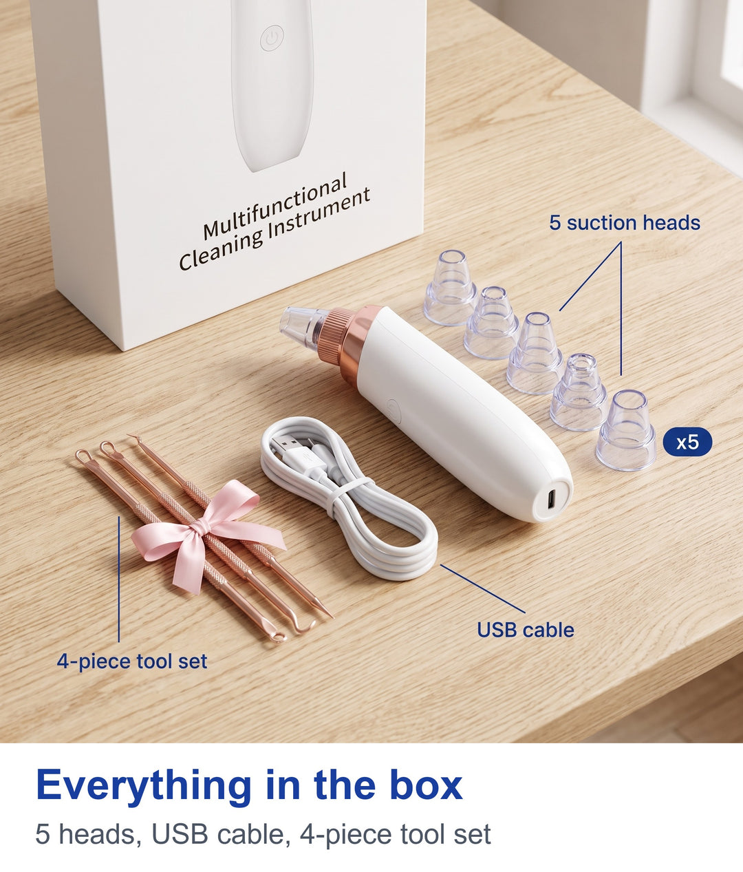 Everything in the box: pore vacuum device, five suction heads, USB cable and four-piece tool set