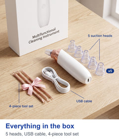 Everything in the box: pore vacuum device, five suction heads, USB cable and four-piece tool set