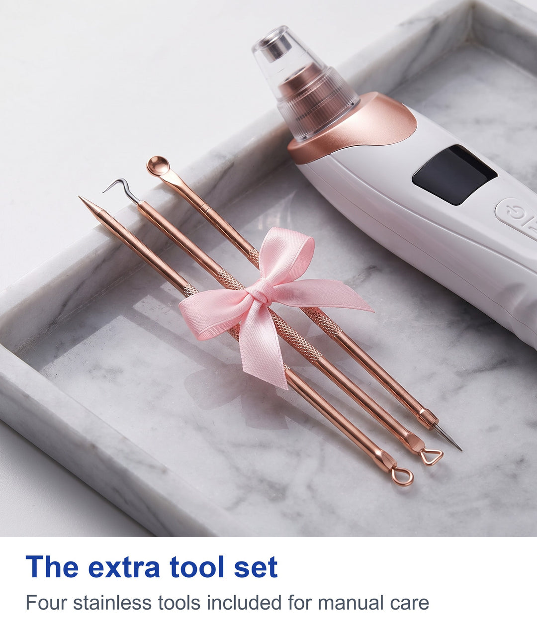 The extra tool set: four stainless blackhead tools included with the pore vacuum device