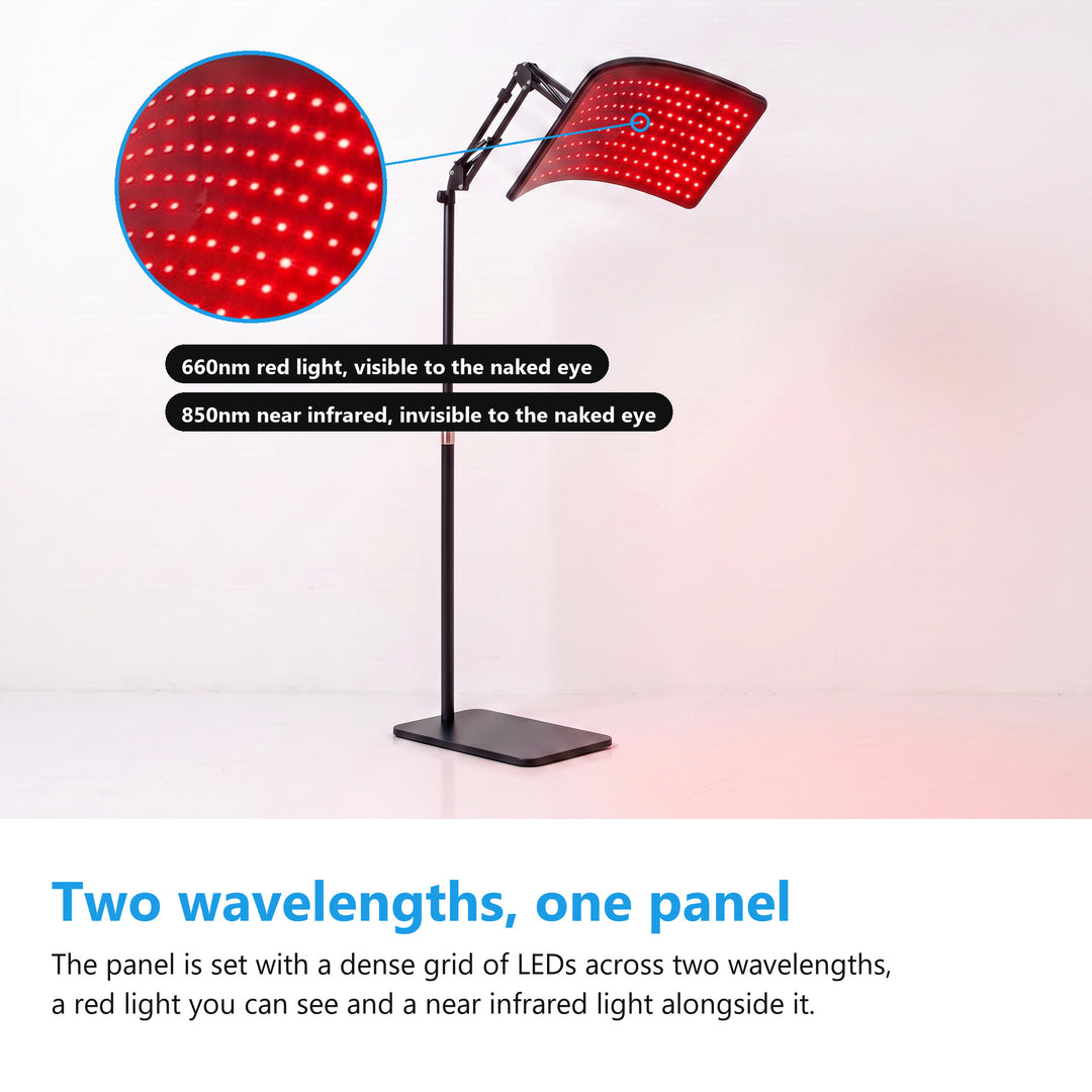 Red light therapy lamp on its floor stand with a magnified view of the dense grid of red LEDs on the panel