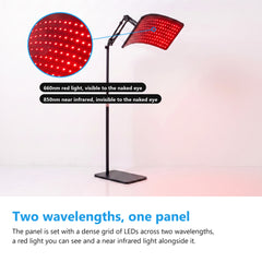 Red light therapy lamp on its floor stand with a magnified view of the dense grid of red LEDs on the panel