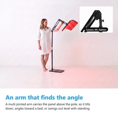 Woman tilting the adjustable multi jointed arm that connects the red light therapy panel to the floor stand pole