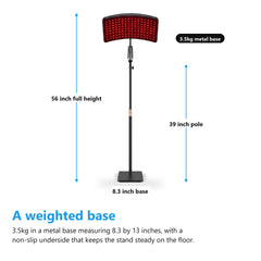 Red light therapy lamp measurements, 56 inch full height, 39 inch pole and 8.3 inch weighted metal base