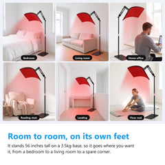 Red light therapy lamp on its floor stand in six rooms, a bedroom, a living room, a home office, a reading chair, a landing and beside a floor mat