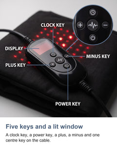Five keys and a lit window. A clock key, a power key, a plus, a minus and one centre key on the cable.