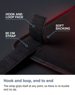 Hook and loop, end to end. The strap grips itself at any point, so there is no buckle and no zip.