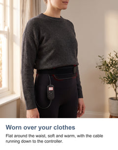 Worn over your clothes. Flat around the waist, soft and warm, with the cable running down to the controller.