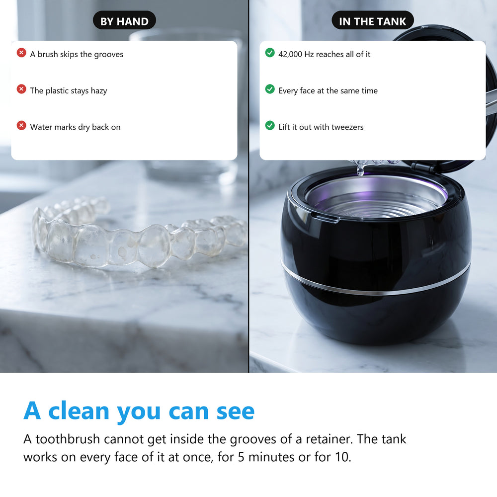 A cloudy retainer cleaned by hand next to a clear retainer lifted out of the ultrasonic cleaner with tweezers