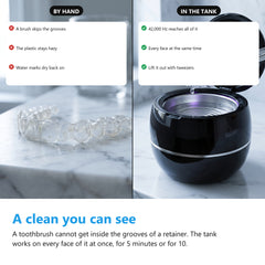 A cloudy retainer cleaned by hand next to a clear retainer lifted out of the ultrasonic cleaner with tweezers