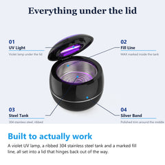 Ultrasonic retainer cleaner with the lid open, showing the UV lamp, the MAX fill line and the stainless steel tank
