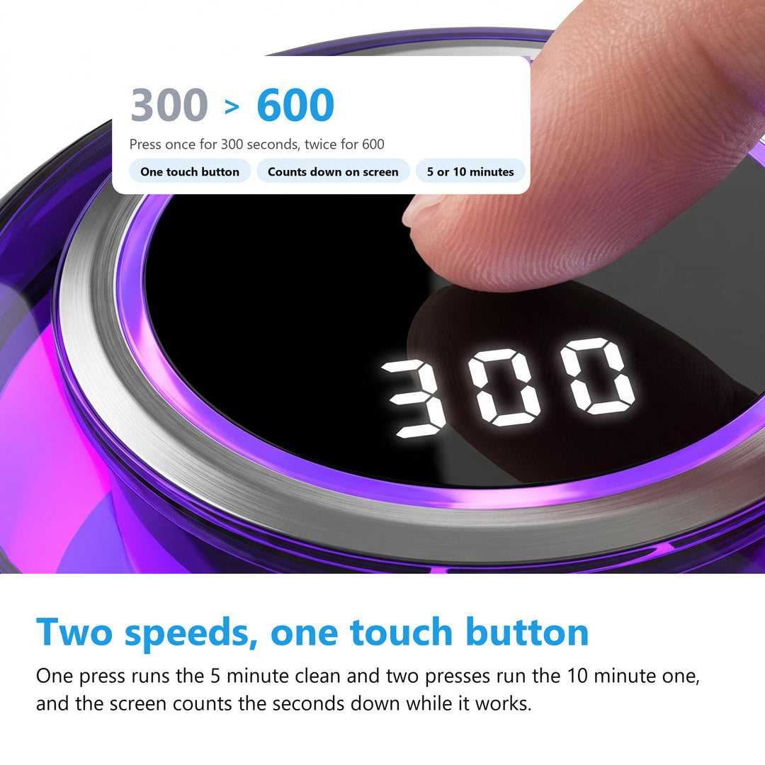 Touch button and digital display of the ultrasonic retainer cleaner counting down 300 seconds