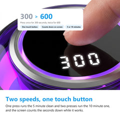 Touch button and digital display of the ultrasonic retainer cleaner counting down 300 seconds