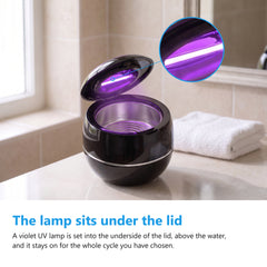 Close view of the violet UV lamp set into the underside of the lid of the ultrasonic retainer cleaner