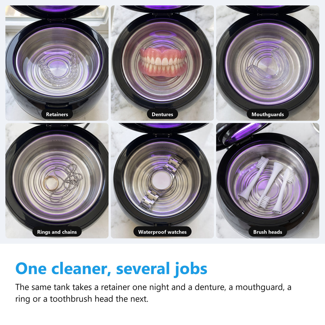 Six uses for the ultrasonic cleaner, retainers, dentures, mouthguards, rings and chains, watches and brush heads